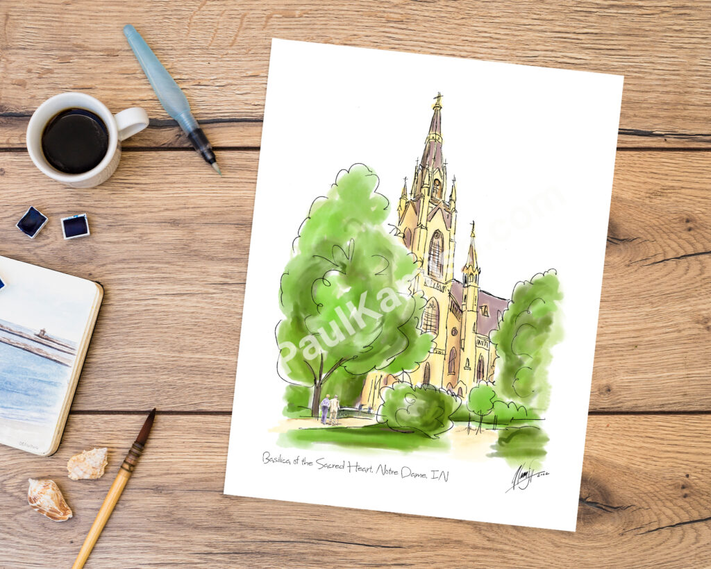 Basilica of the Sacred Heart Pen & Ink; Watercolor Print created by Artist Paul Kamish