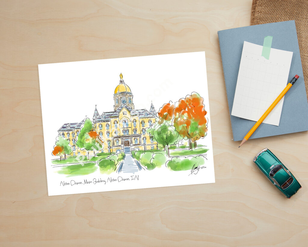 Notre Dame Main Building Pen Ink; Watercolor Print created by Artist Paul Kamish