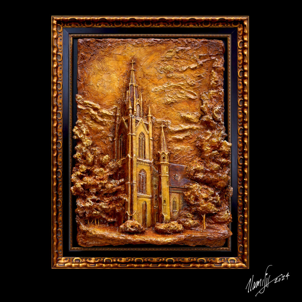 The Basilica of the Sacred Heart  Relief Sculpture Hand-Painted in Gold Frame