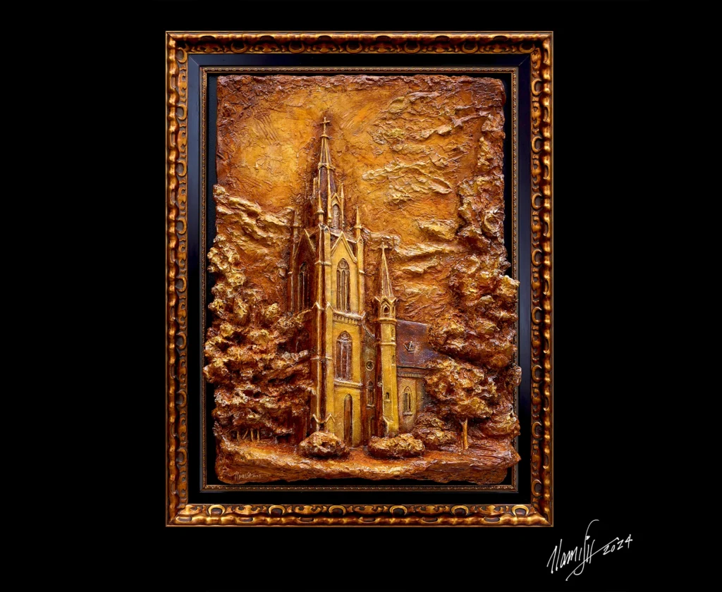 The Basilica of the Sacred Heart  Relief Sculpture Hand-Painted in Gold Frame